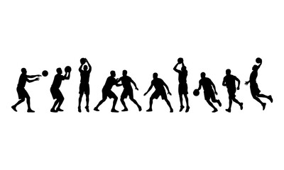 Obraz premium Set of black silhouettes showing various basketball players in action poses isolated on a white background