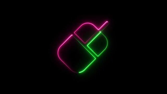 Neon computer mouse icon with glowing green and pink lines on dark background