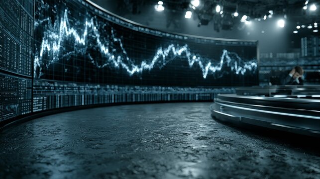 Dynamic blue stock market graphs illuminate a sophisticated newsroom setting, representing financial data visualization