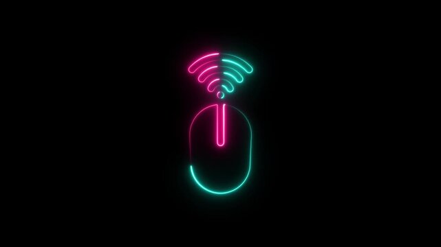 Neon glowing wireless computer mouse icon with wifi signal symbol