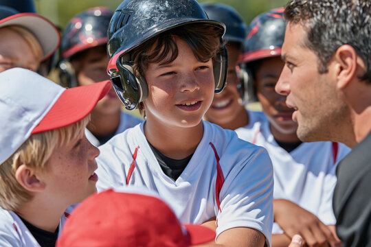 Young baseball player smiles while coach speaks nearby. Other kids listen, eyes focused, expressions eager. Team gathered close, shared moment of encouragement. Perfect for youth sports, coaching