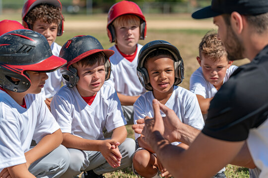 Young players listen intently to their coach. Coach gestures as he explains a key strategy. Boys sit in a circle, wearing helmets and uniforms. Their focused expressions show teamwork and discipline