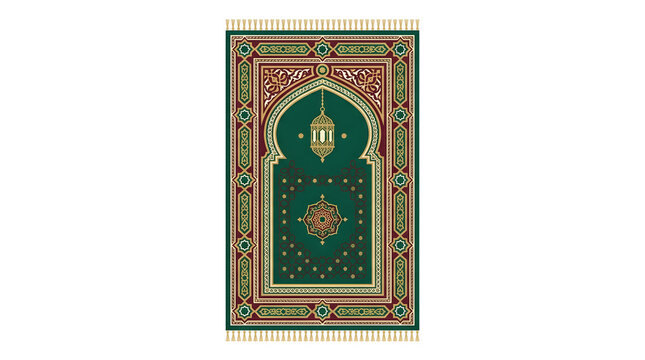 Traditional Islamic prayer rug with ornate mihrab design, green and red prayer mat isolated on white background, oriental Muslim tapestry for worship