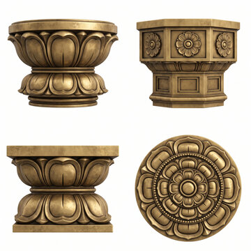 Ornate South Indian Dravidian temple capitals with lotus forms, rosettes, and layered architectural molding