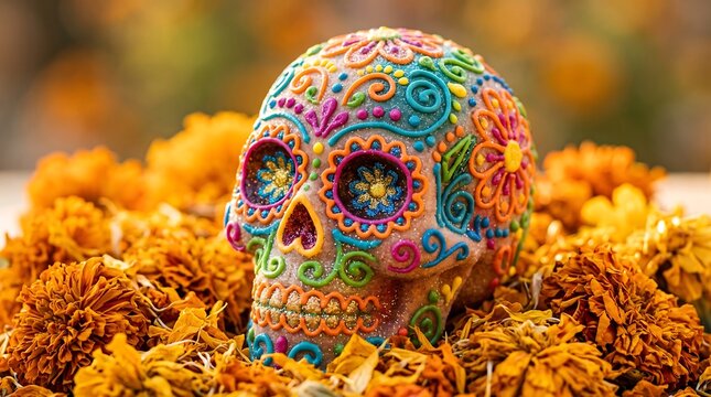 A decorated sugar skull with vibrant floral patterns rests centrally among a bed of golden marigold flowers for a traditional Dia de los Muertos celebration.