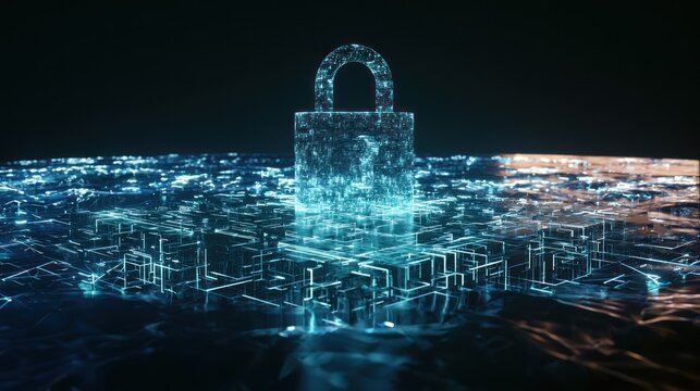 Glowing digital padlock icon emerges from abstract geometric data landscape with blue neon lights