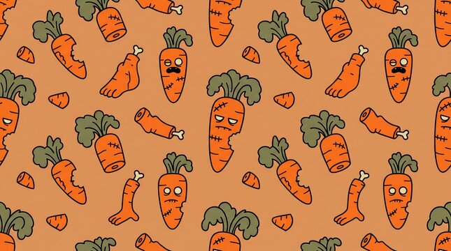 Cute zombie carrot seamless pattern Halloween cartoon background