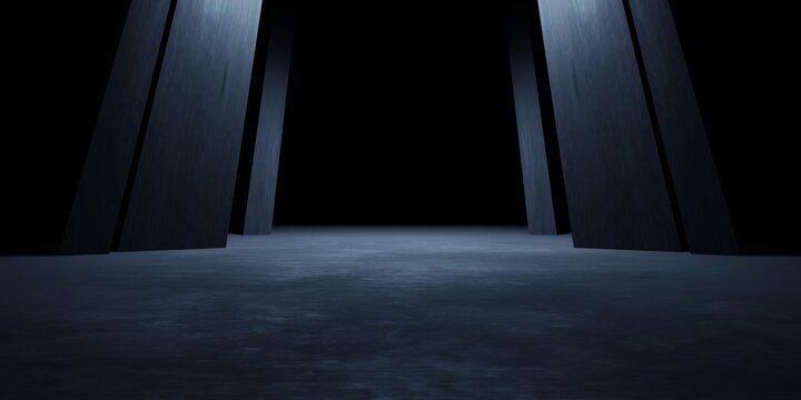 Black abstract futuristic architectural structure illuminated. advertising, showroom, technology, innovation, modern, minimalist, game, alien, spaceship, mystery. Sci Fi Illustration. Dystopian dark