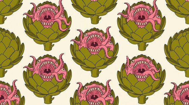 Seamless vector pattern of bizarre alien monster artichokes with pink tentacles