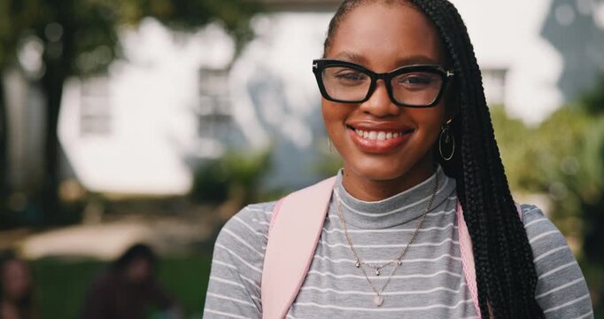 Student, backpack and face of woman at college for study opportunity, learning and education. University, portrait and happy person for development, knowledge and excited for scholarship on campus