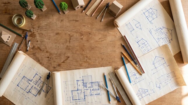 Architectural Blueprints and Tools: An overhead view showcases rolled blueprints with house floor plans, architectural models, drafting tools, and pencils arranged on a wooden table.