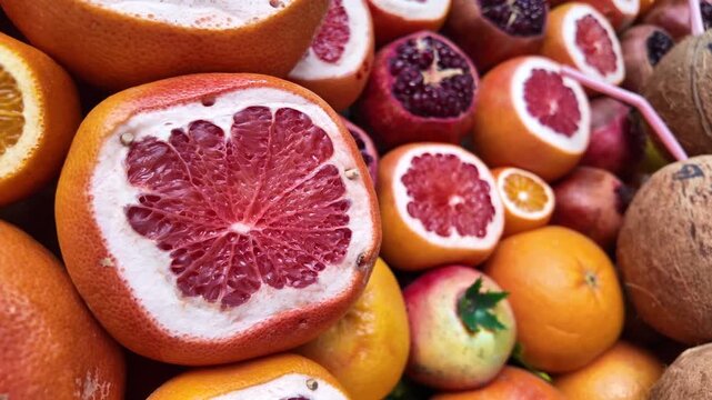 Close up motion of freshly cut citrus fruits grapefruits oranges pomegranates and tangerines on display for sale