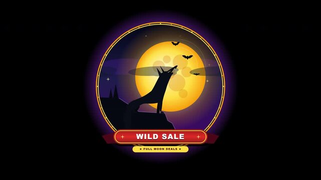 Flat vector Halloween illustration of a werewolf howling against a full moon silhouette badge, accented by flying bats and twinkling stars in a animation