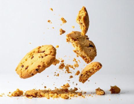 Crispy broken cookie with crumbs in air
