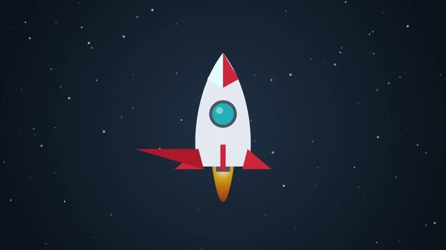 Flat rocket ship launching into space animation, minimalist cosmic travel concept spaceship