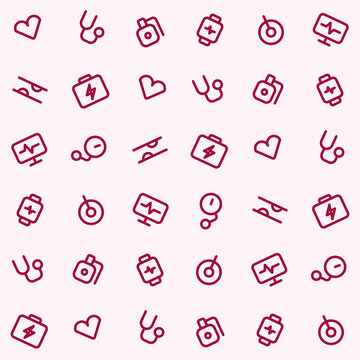 Dense heart health seamless pattern of tilted crimson cardiac line icons, stethoscope, artery and ECG electrode on blush background