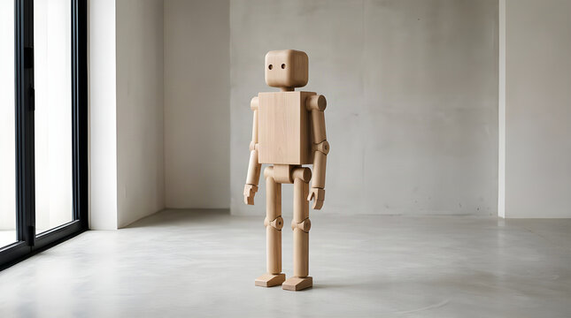 Wooden humanoid robot standing inside a modern minimalist empty room featuring polished concrete floors natural light streaming through large windows smooth surfaces handcrafted textures simple geomet