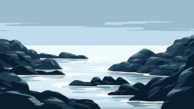 Muted Blue Rocky Coastline and Sea Surface