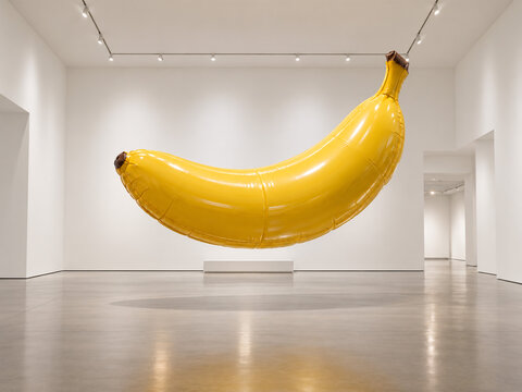 Banana-shaped balloon floating in a formal gallery