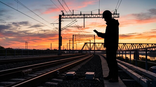 Railway worker silhouette checking logistics on a tablet at sunset with railroad