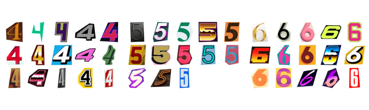 Collection of various colorful number four five and six symbols in different creative styles and artistic typography designs isolated on transparent background