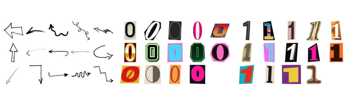 Set of various hand drawn arrows and colorful cutout numbers zero and one in different styles and fonts for digital design isolated on transparent background