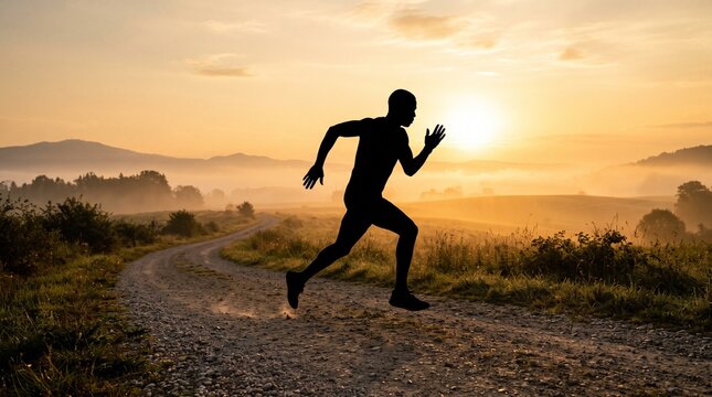 Man running on a rural gravel path at sunrise in the morning mist with wellness