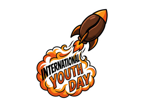 International youth day creative poster with rocket made of coffee bean flying through fire and smoke clouds on white background representing energy and passion for innovation and growth concepts.