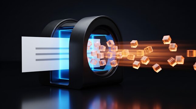 Digital Data Extraction Machine Converting Paper Document Into Glowing Information Cubes