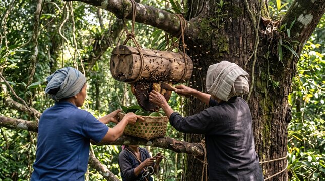 Indigenous people traditionally harvesting fresh honeycomb from a suspended wooden log beehive high in a large jungle tree in a lush tropical rainforest.