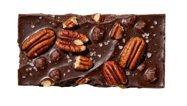 Dark chocolate bar with whole pecans and sea salt, isolated on transparent background