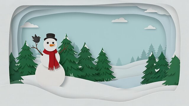 Multi layered paper cut winter wonderland scene depicting a smiling snowman with a small bird under cloudy sky, created with generative ai