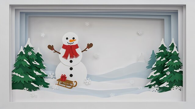 3D paper cut style christmas landscape featuring snowman standing next to wooden sled with gift box in snow, created with generative ai