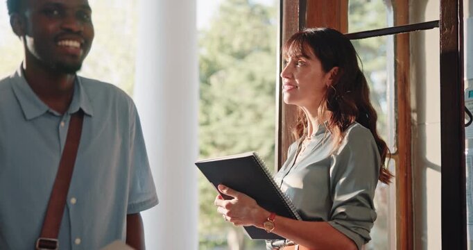 Professor, students and walk in university with greeting, class register and lecturer for education. Happy, teacher and people at college lecture with arrival, morning and book for attendance record.