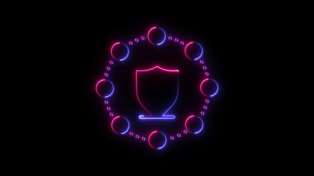 Neon glowing security shield icon surrounded by a circle of connected data nodes on a dark background