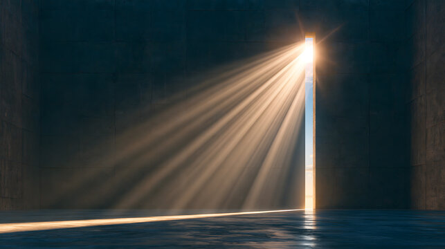 Minimalist architectural background, raw matte concrete wall texture, a single sharp beam of natural sunlight hitting the wall through a narrow vertical slit, dramatic wabi-sabi lighting, 8k copy spac