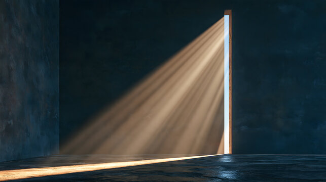 Minimalist architectural background, raw matte concrete wall texture, a single sharp beam of natural sunlight hitting the wall through a narrow vertical slit, dramatic wabi-sabi lighting, 8k copy spac