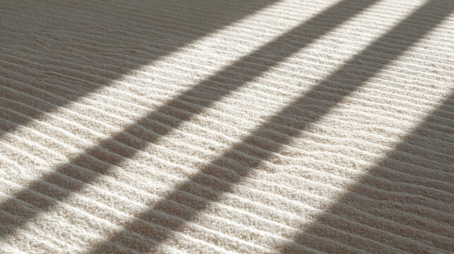 Macro photography, white Zen garden sand texture, perfectly straight and parallel raked lines, soft morning sunlight casting micro shadows, clean minimalist wellness background, 8k copy space