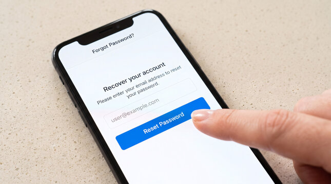 Finger tapping a reset password button on a mobile phone screen to recover an account