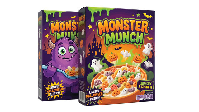 Monster Munch cereal boxes packaging design with spooky Halloween theme