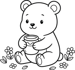 Cute cartoon bear cub holding honey pot with flowers black and white line art © Masum