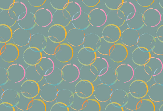 Abstract Dotted Circles and Overlapping Pastel Rings Seamless Pattern on Sage Green Background