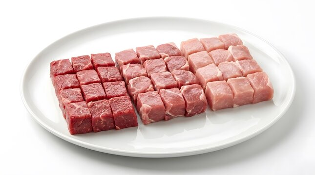 Fresh raw meat cubes variety arranged on white plate for culinary menu.