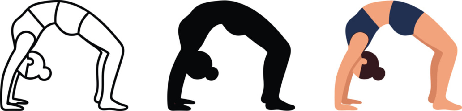 Yoga Bridge Pose Character, Woman Backbend Exercise Vector Set In Line Art, Silhouette And Color