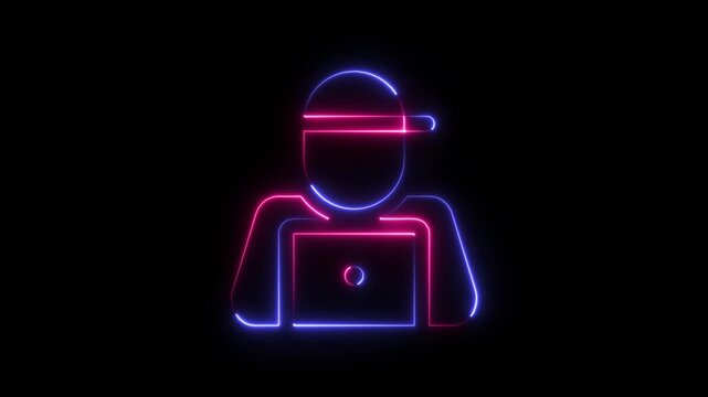 Neon blue and red glowing outline icon of a person working on a laptop computer