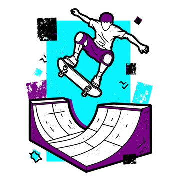 Young Skateboarder Performing Dynamic Air Trick Over Halfpipe Ramp In Retro Urban Vector Illustration Style