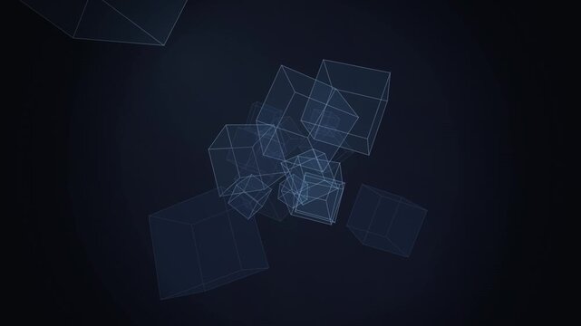 Abstract wireframe cubes floating in dark digital motion background footage
