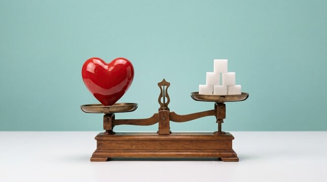 Red heart and sugar cubes on a balance scale