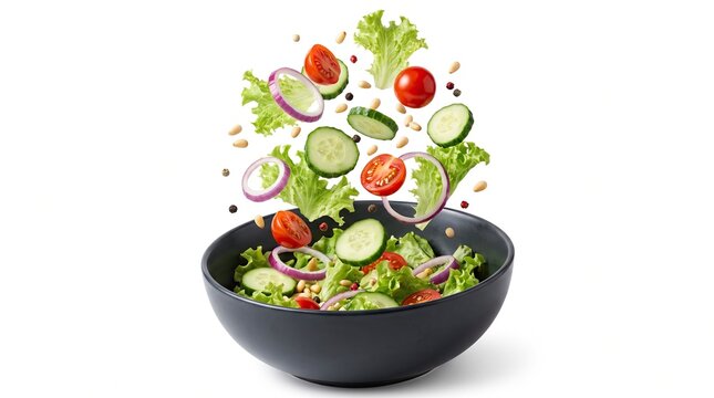 Fresh salad ingredients falling into a black bowl