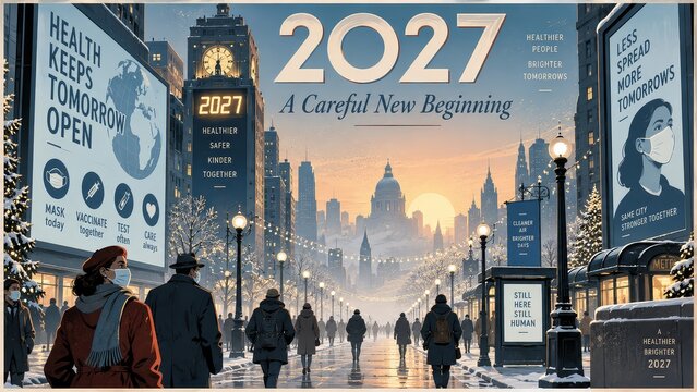 New Year 2027 public health city poster with masked pedestrians